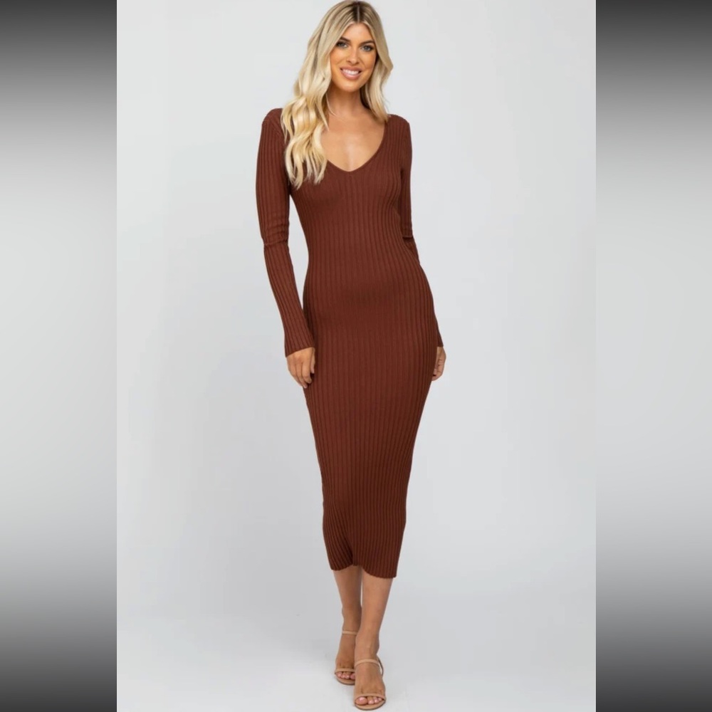 Brown Long Sleeve Dress - Midi length